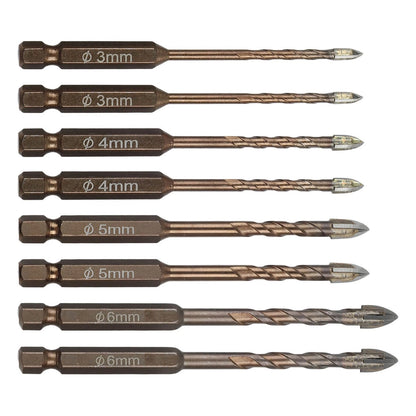 8-Piece Cross Hexagon Drill Bit Set for Wood, Plastic, Metal, Glass