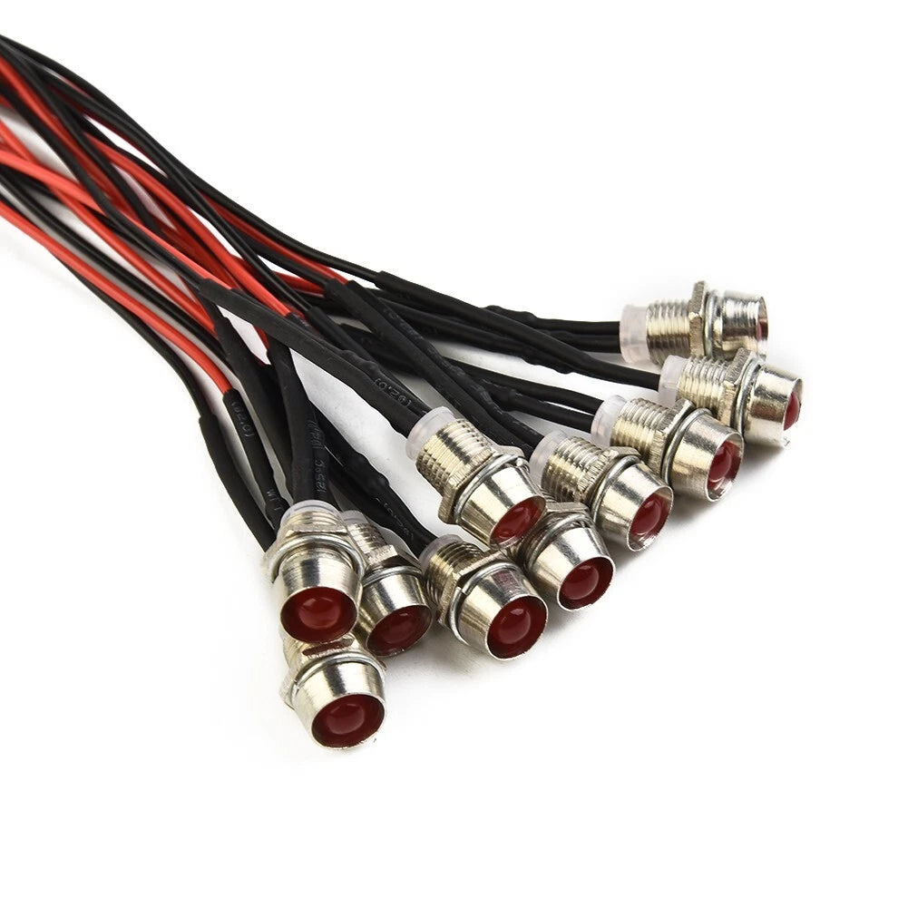 10 Pack 8mm Red LED Indicator Lights for Automotive 12V DC