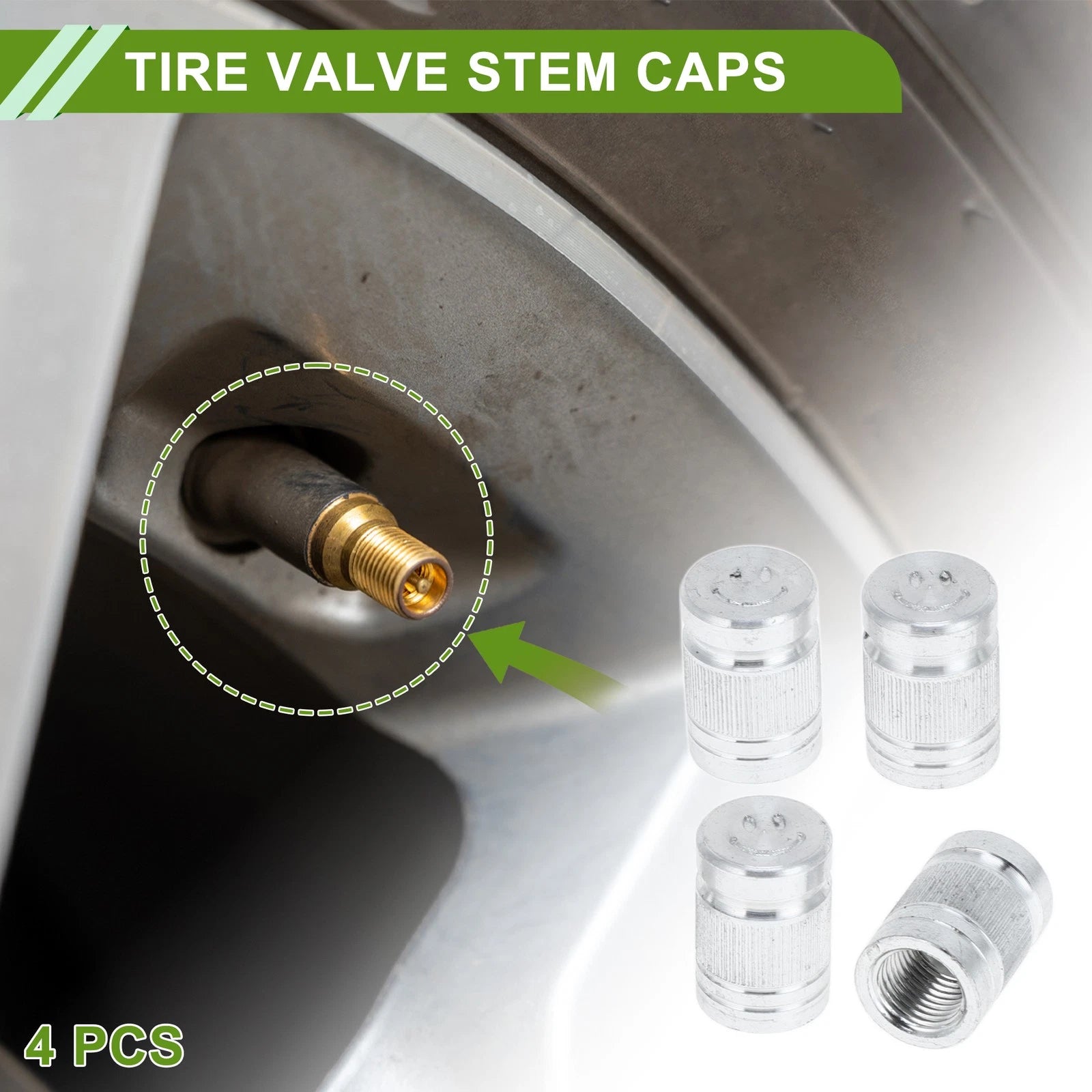 Tire Valve Stem Caps Dust Covers Silver Tone 4 Pack for Bicycle (Any Year)