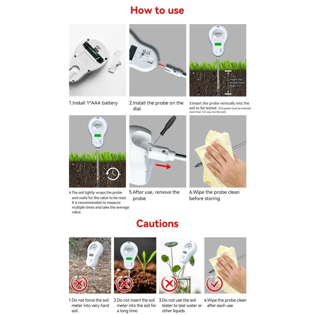 6 in 1 Portable Soil Tester for Moisture, pH, Light, Temp, Humidity