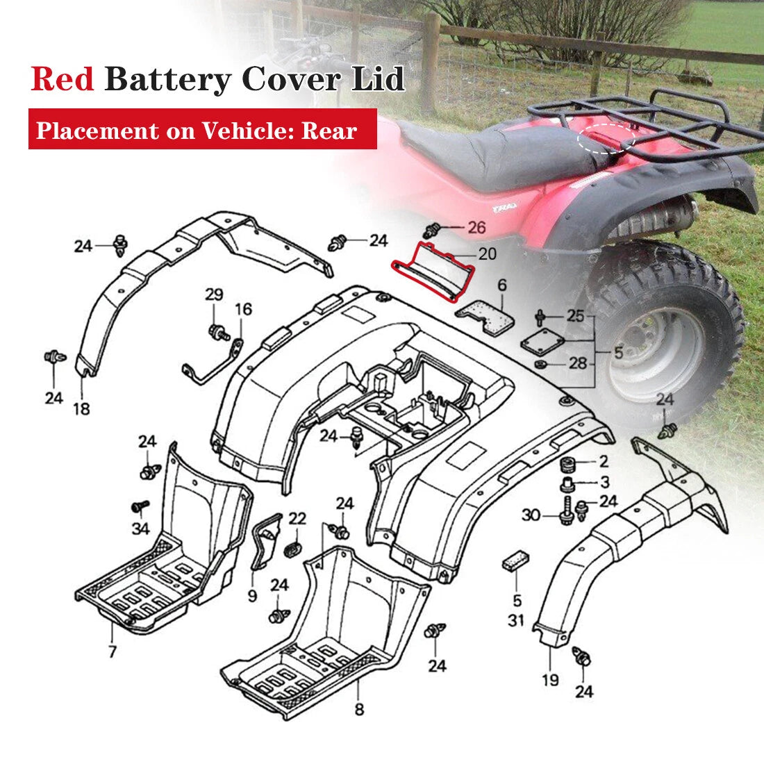 Battery Cover Lid for Honda TRX350 Rancher (2000–2003) Red