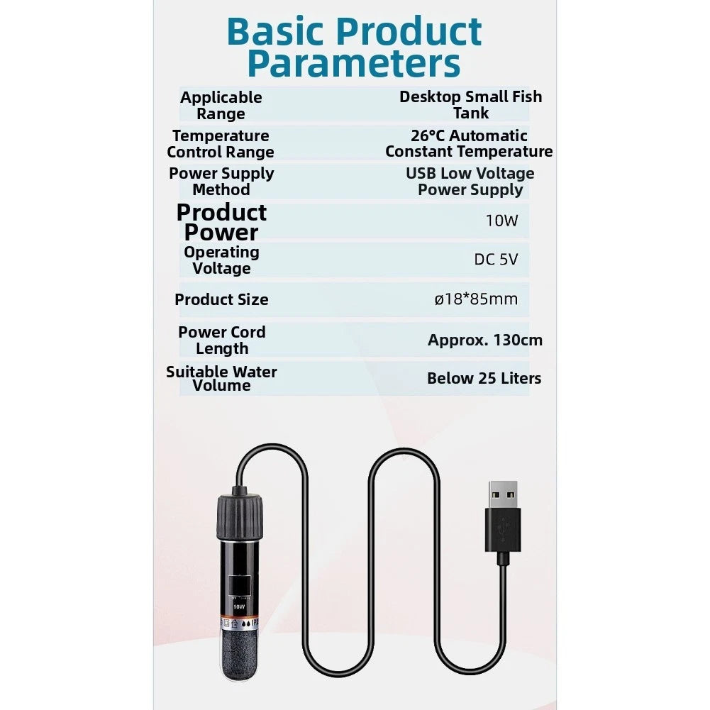 10 Watt USB Aquarium Heater for Small Tanks (Constant Temperature Control)