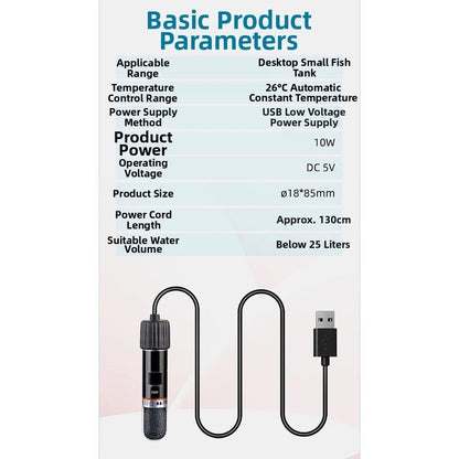 10 Watt USB Aquarium Heater for Small Tanks (Constant Temperature Control)