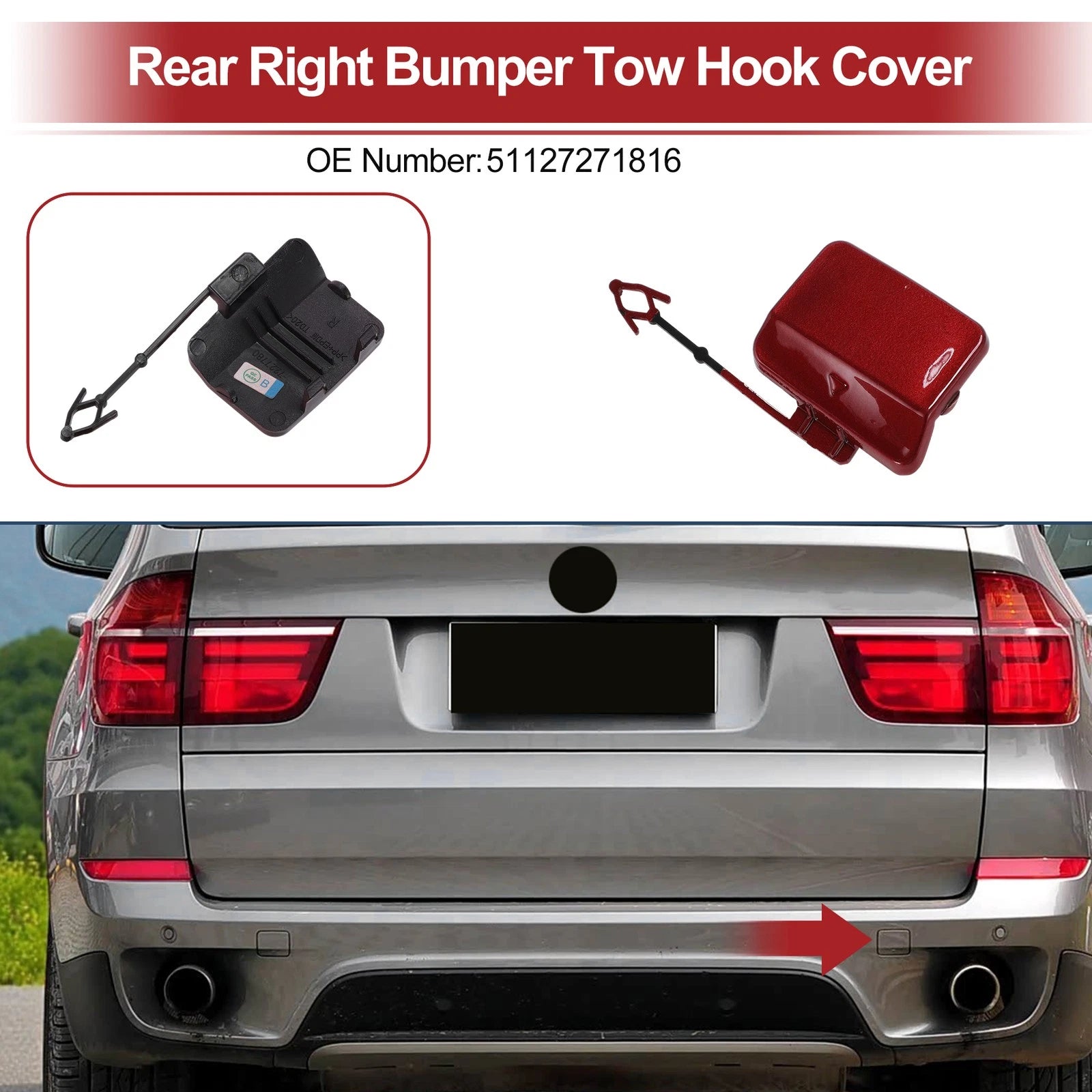Tow Hook Cover Cap for BMW X5 E70 2011–2013 Front Red OEM Replacement