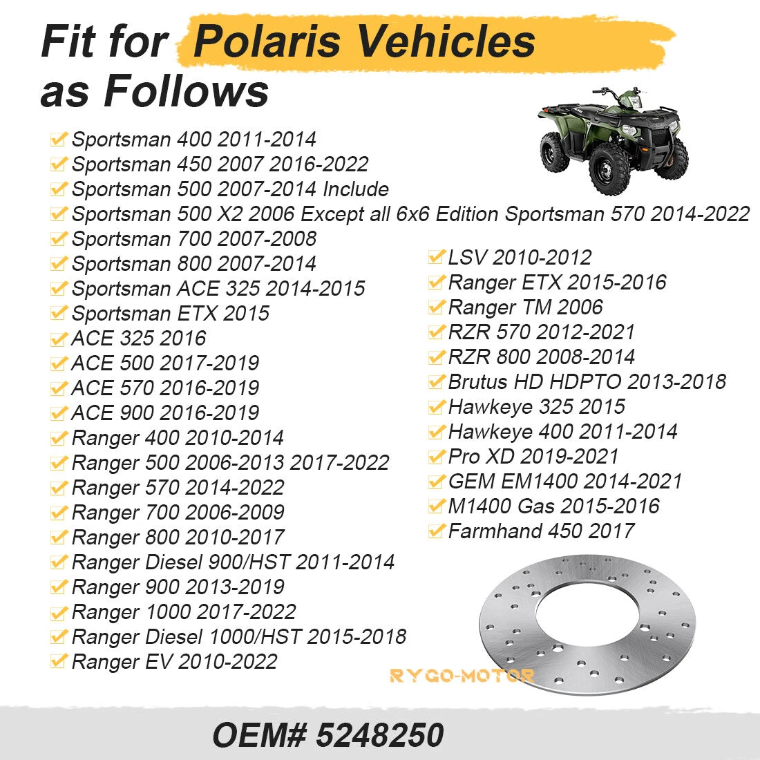 Rear Brake Disc Rotor 5248250 for Polaris RZR 570 (2012–2021), RZR 800 (2008–2014)