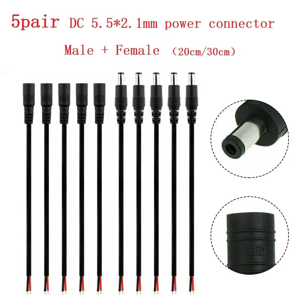 Set of 5 Connector Cables for DC Power Socket 12V 22AWG