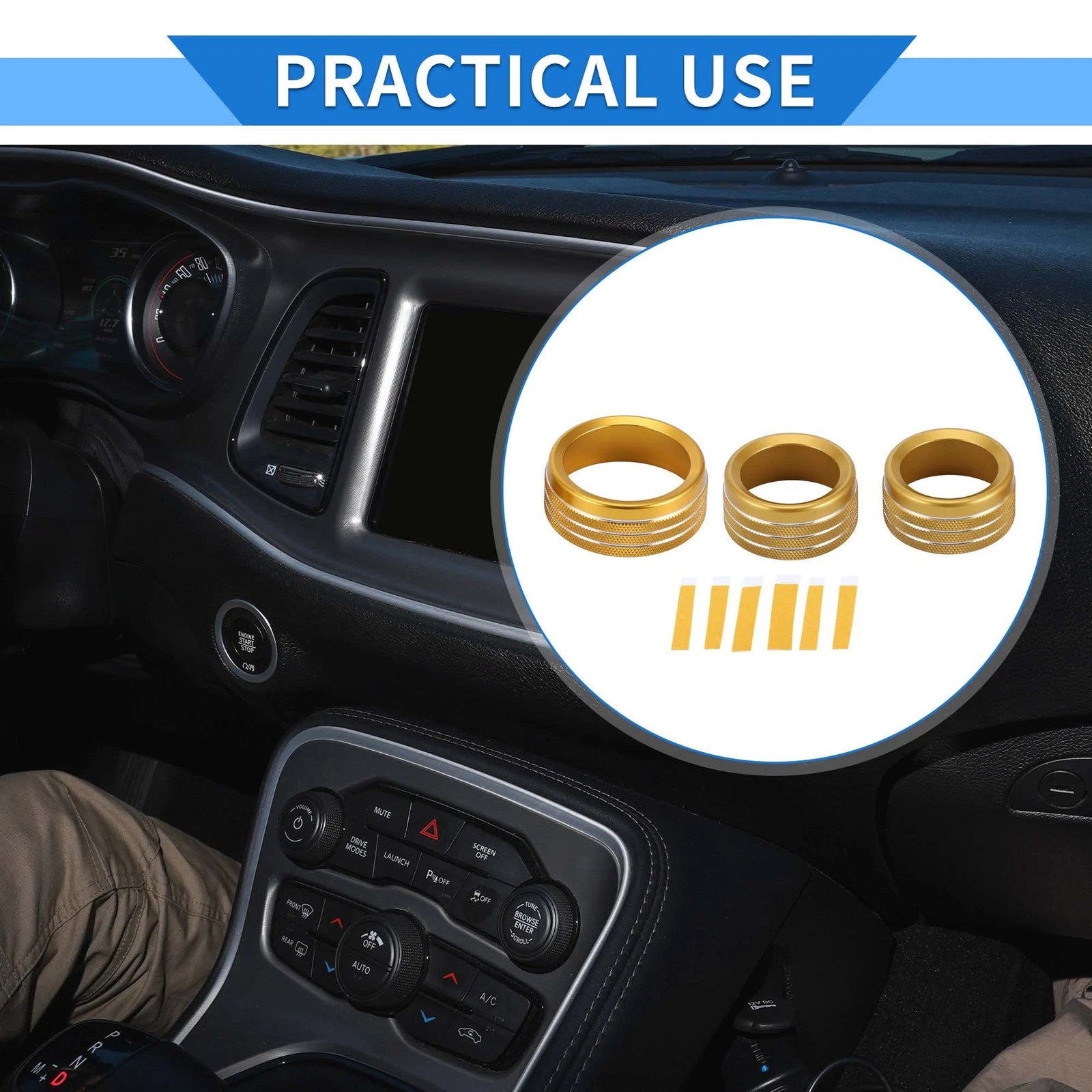 Media Tune Switch Knob Cover Ring for Dodge Challenger (2015–2019) Gold 3 Pack