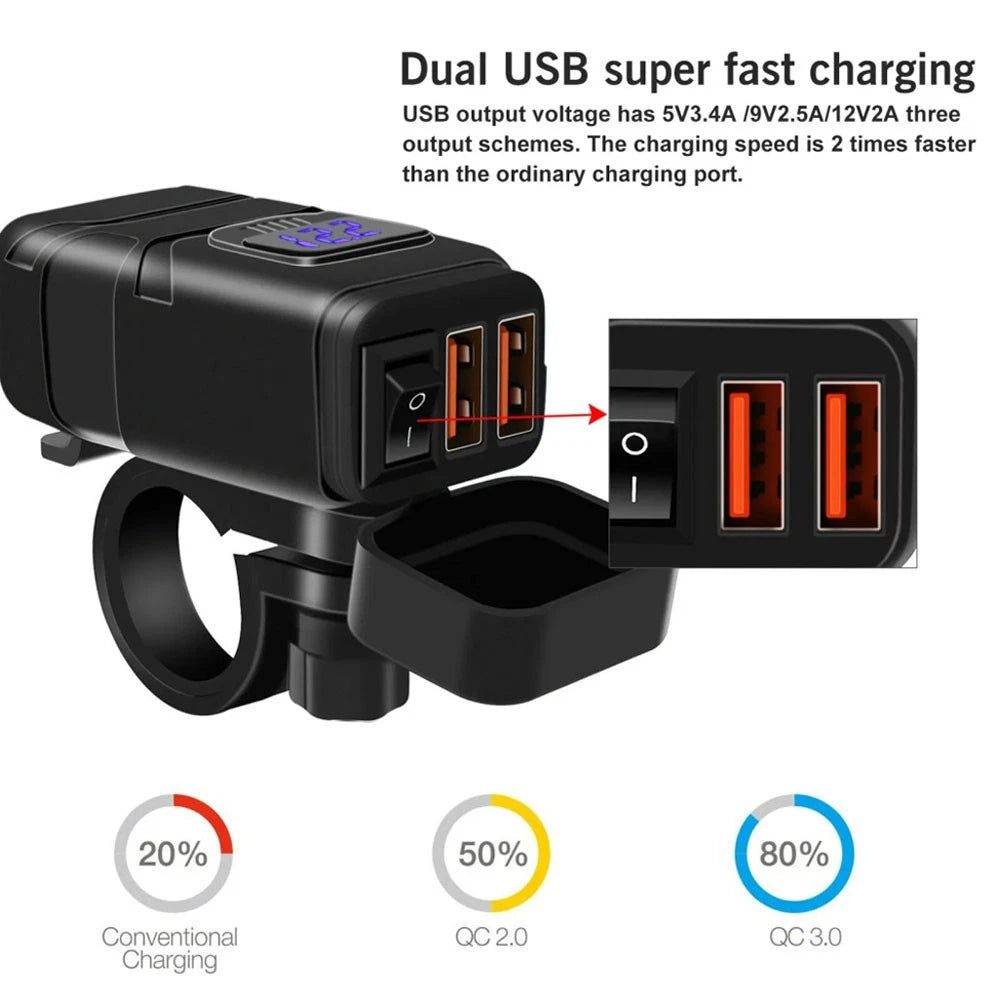 Dual USB Fast Charger Adapter with Voltmeter for Motorcycle (12V)