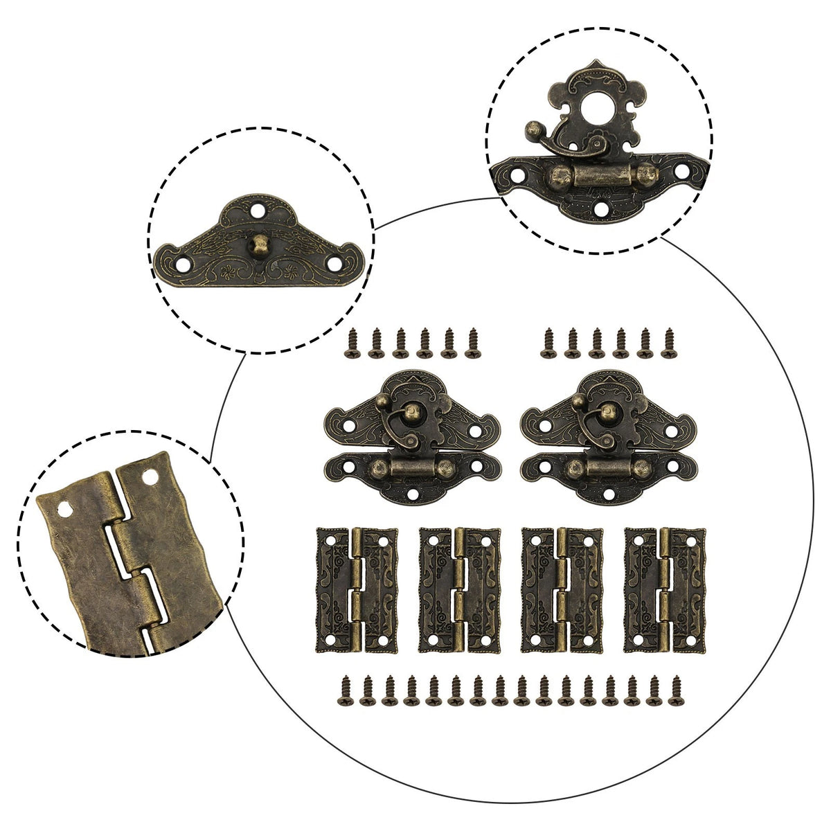 Set of 4 Retro Bronze Cabinet Hinges and Latches for Tool Boxes and Cupboards