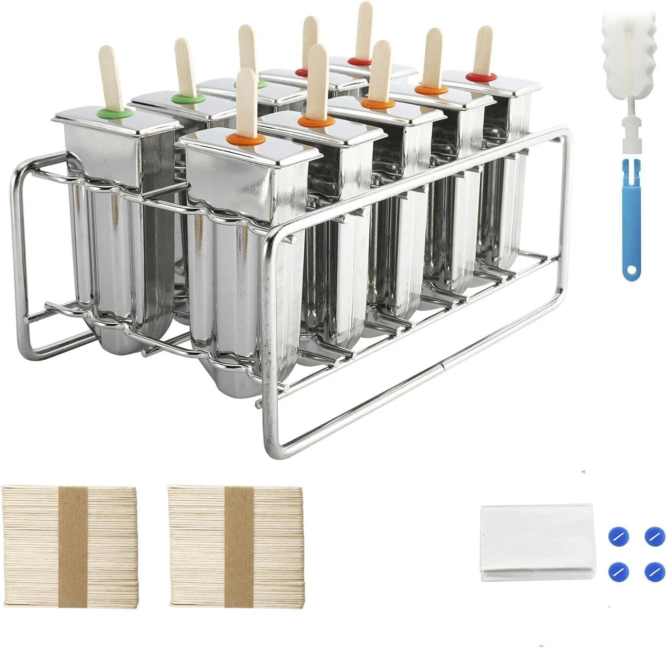 10 Pack Stainless Steel Popsicle Molds with Wooden Sticks and Bags