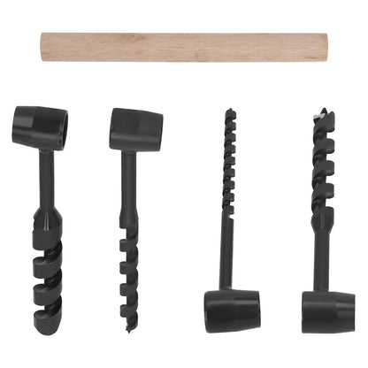 Set of 4 Manual Wood Auger Drill Bits with Handle, Carbon Steel