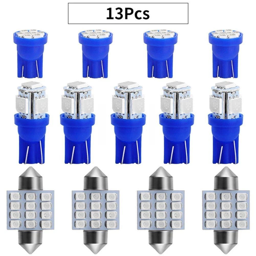 13-Piece Blue LED Light Bulbs Kit for Car Interior (Dome, Map, License Plate)