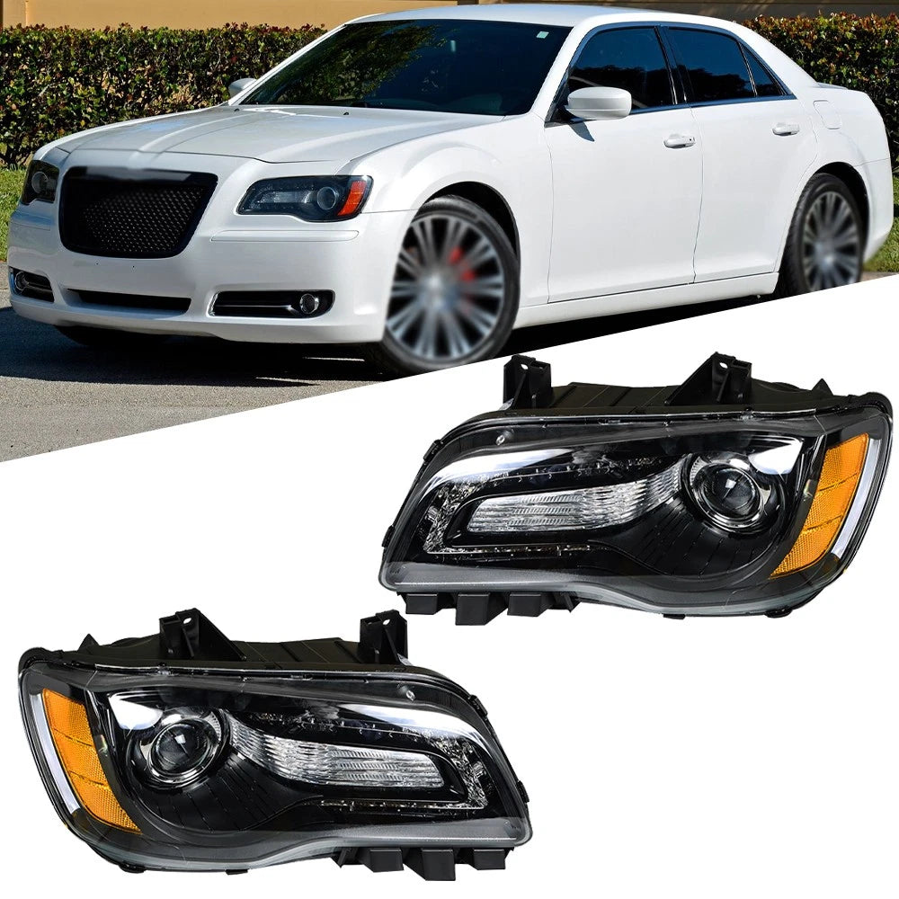 Headlight for Chrysler 300 (2011–2014) Halogen Type Black Housing Right & Left