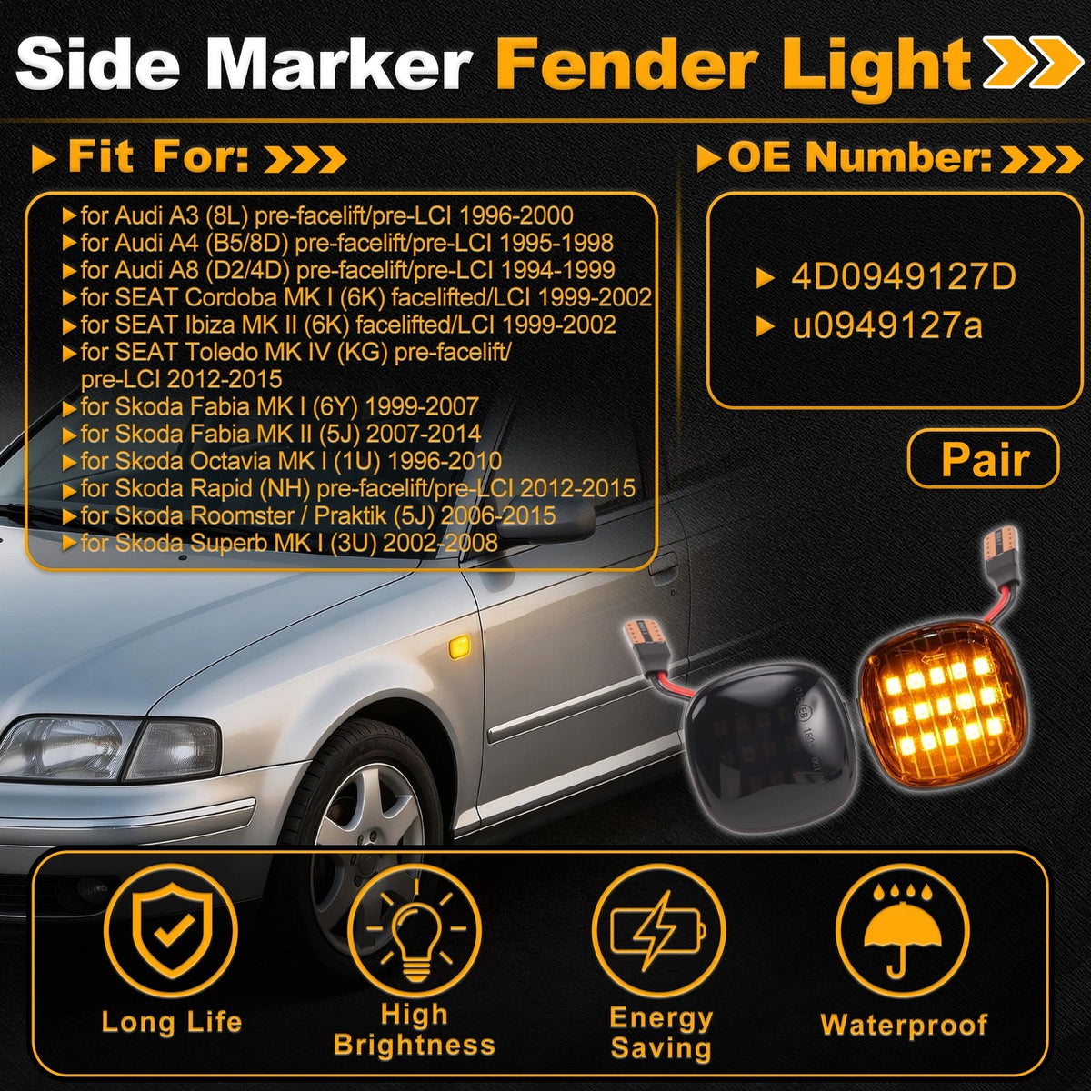 Side Marker Fender Light 4D0949127D for Audi A3 (1996–2000)