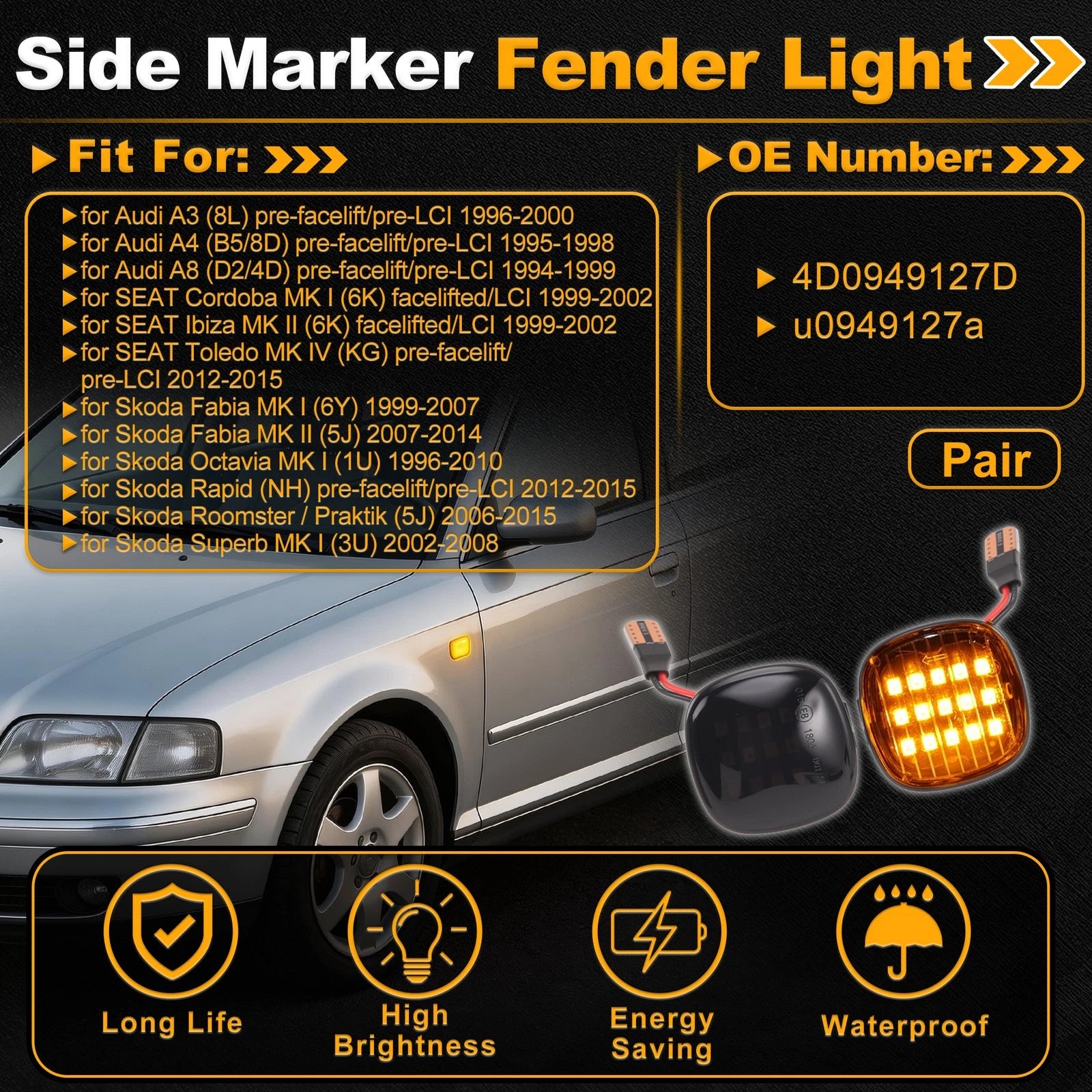 Side Marker Fender Light 4D0949127D for Audi A3 (1996–2000)