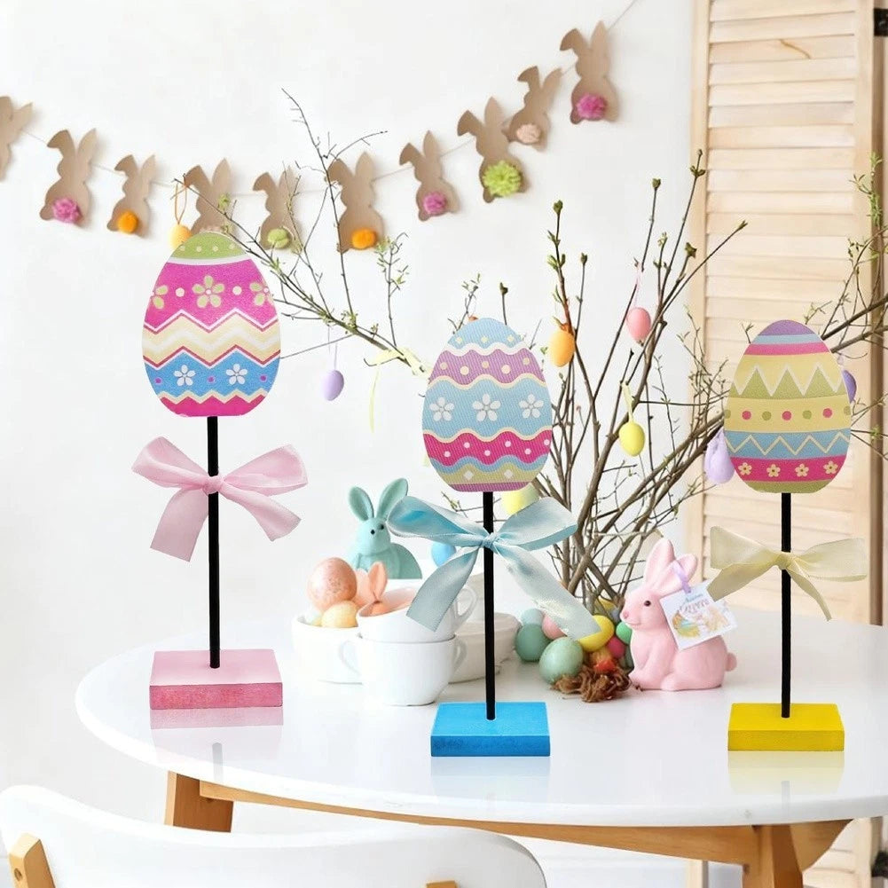 Decorative Wooden Easter Eggs Set of 3 with Bright Bows