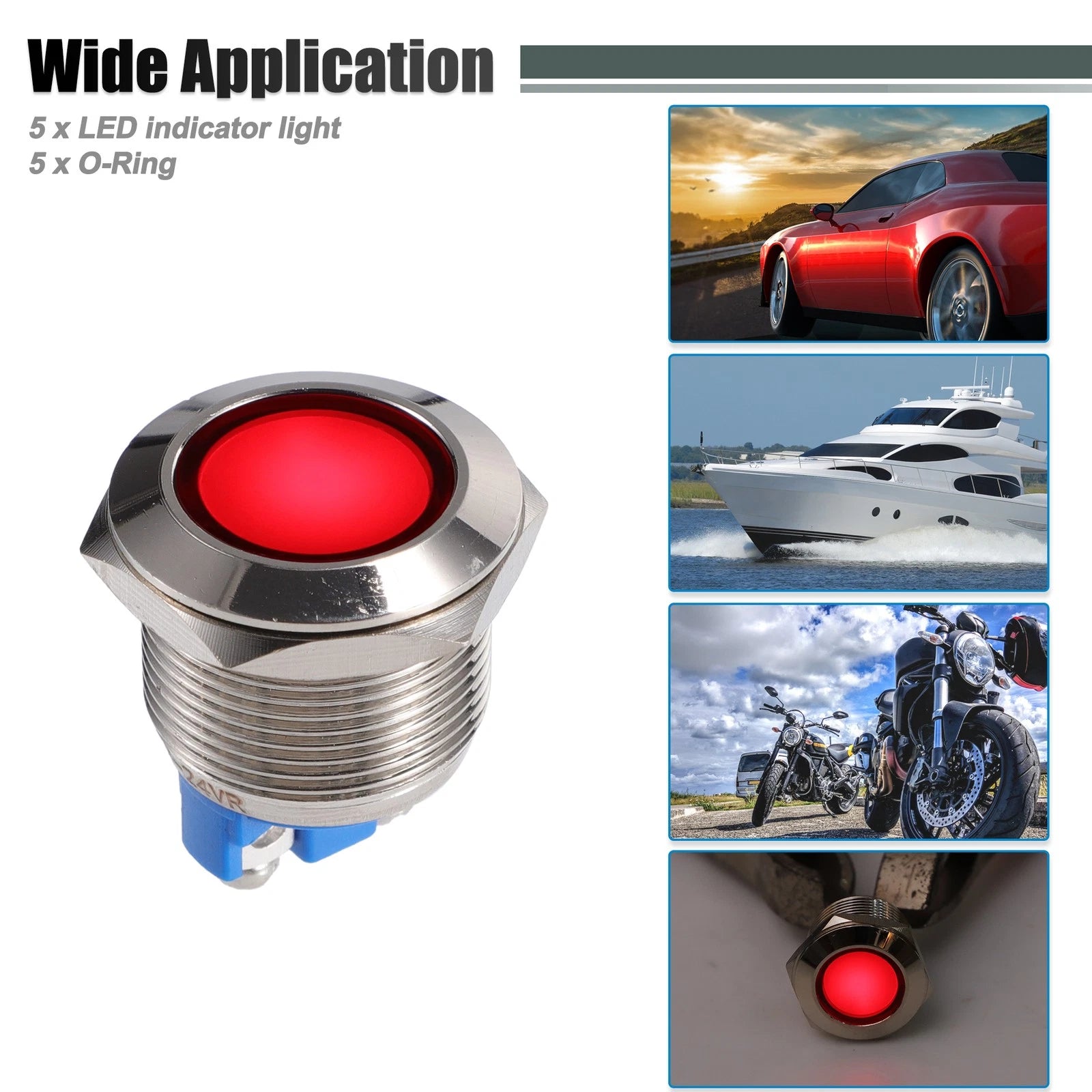 5Pc 19mm 12V LED Waterproof Pilot Indicator Light for Universal