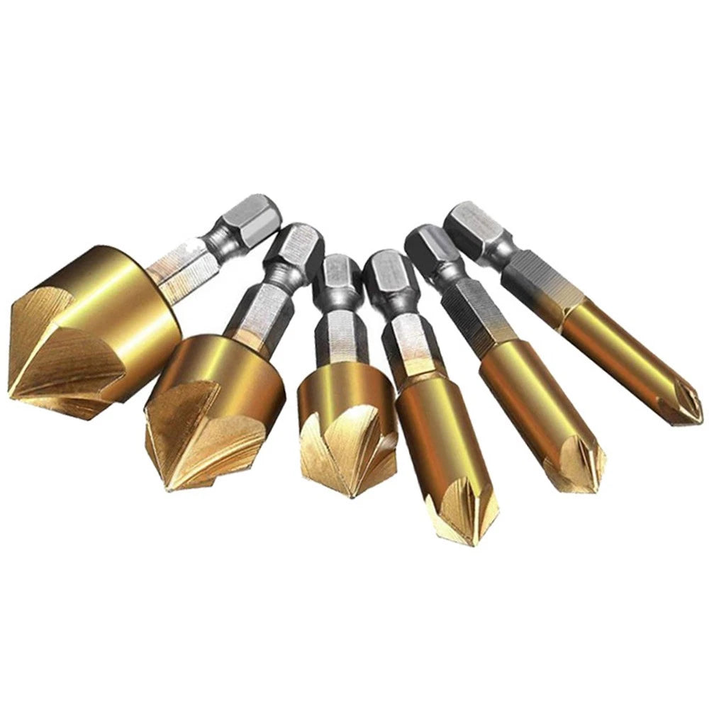 6Pcs Countersink Drill Bit Set 5 Flute 90° for Automotive (6mm-19mm)