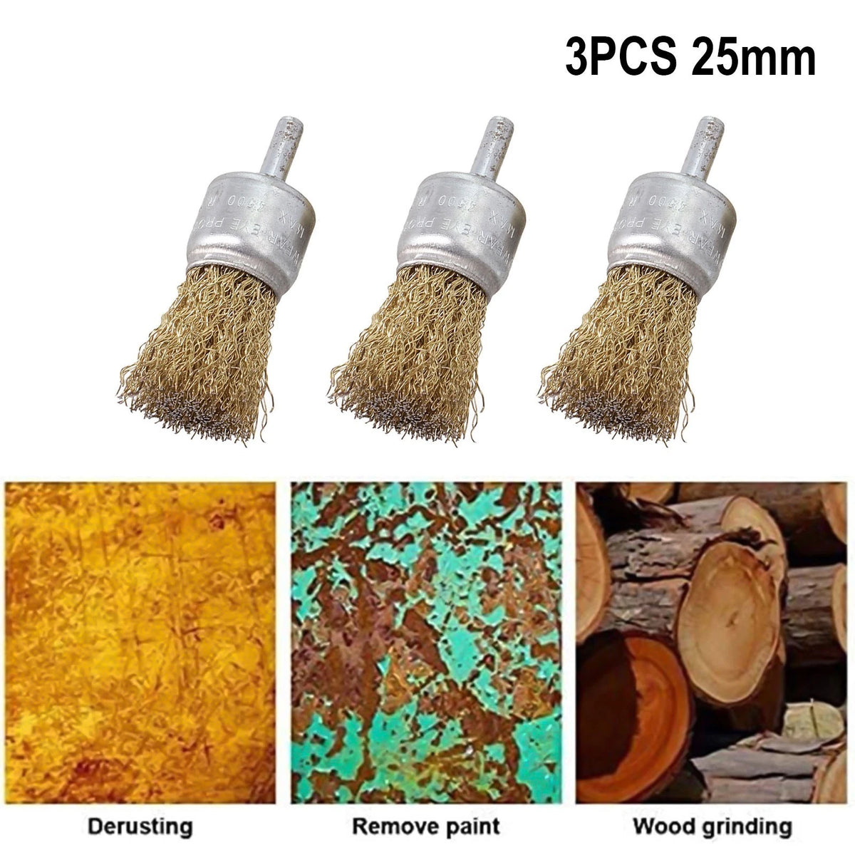 3X Brass Wire Brush Set for Drill - 6mm Shank Rust Removal Tool