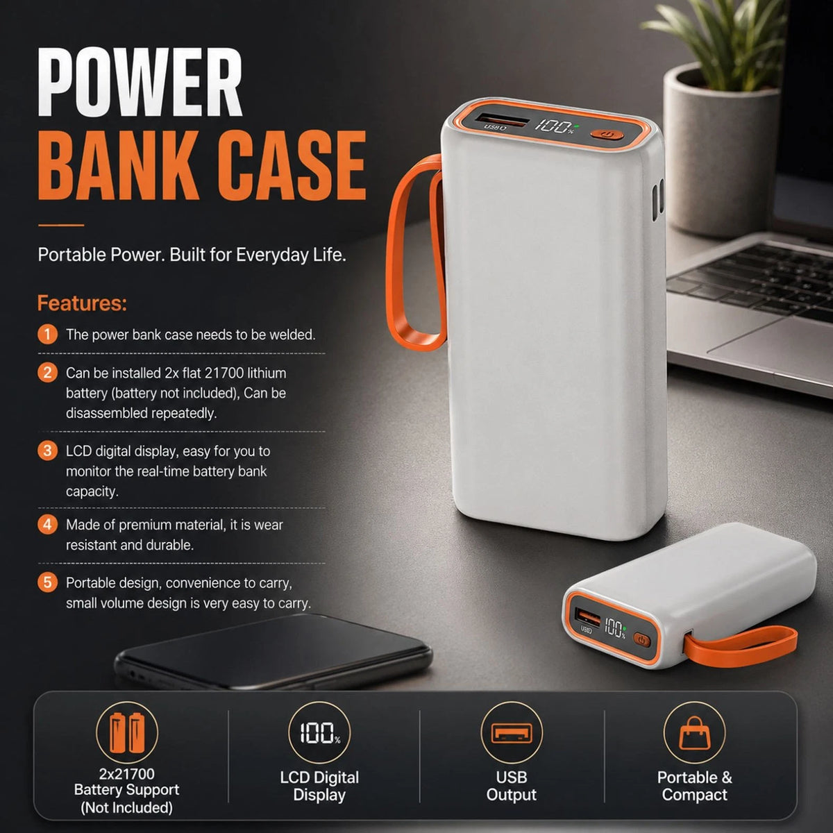 Power Bank Case Cover for PC/Smartphone (21700) with LCD Display