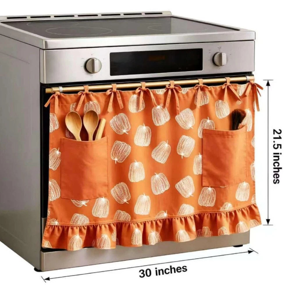 Oven Valance with Ruffle Pockets and Ribbon Tie Straps