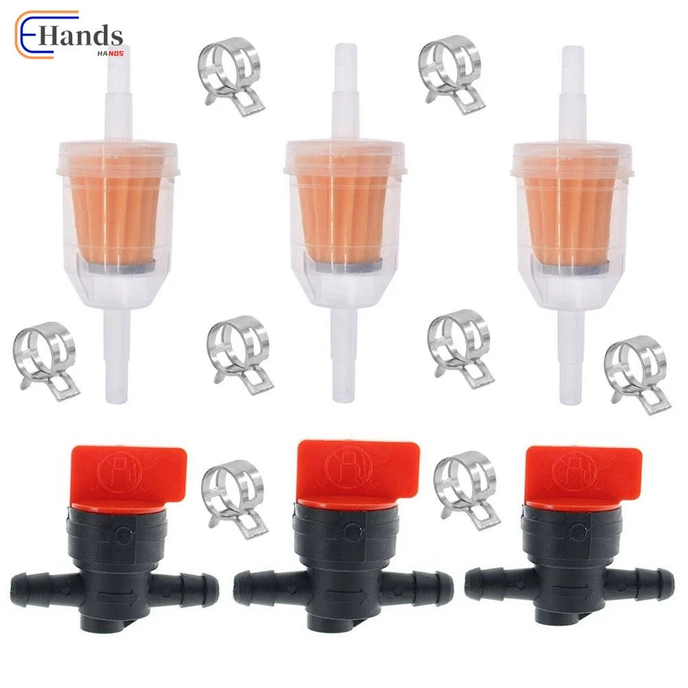 3 Kits 1/4" In Line Fuel Gas Filter Shut Off Valve Clamp for B & S