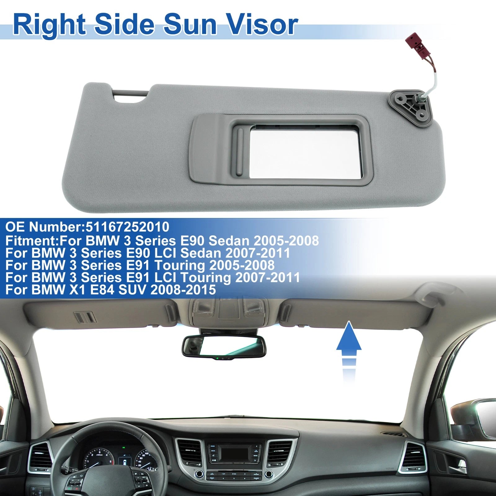 Right Side Sun Visor Replacement for BMW 3 Series E90 Sedan (2006–2013)