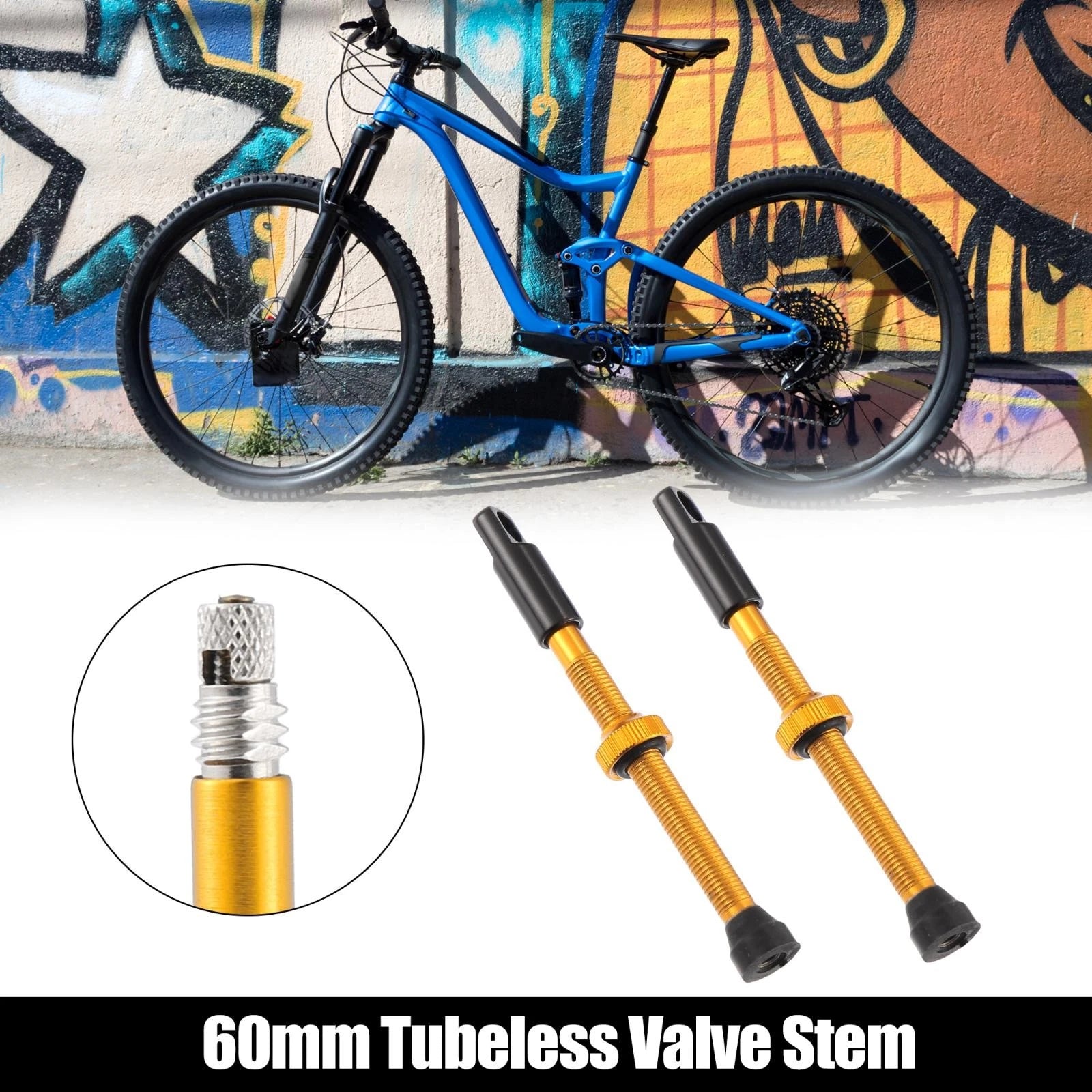 Tubeless Valve Stems 60mm 2pc with Core Tool for Bike Wheels (Gold)