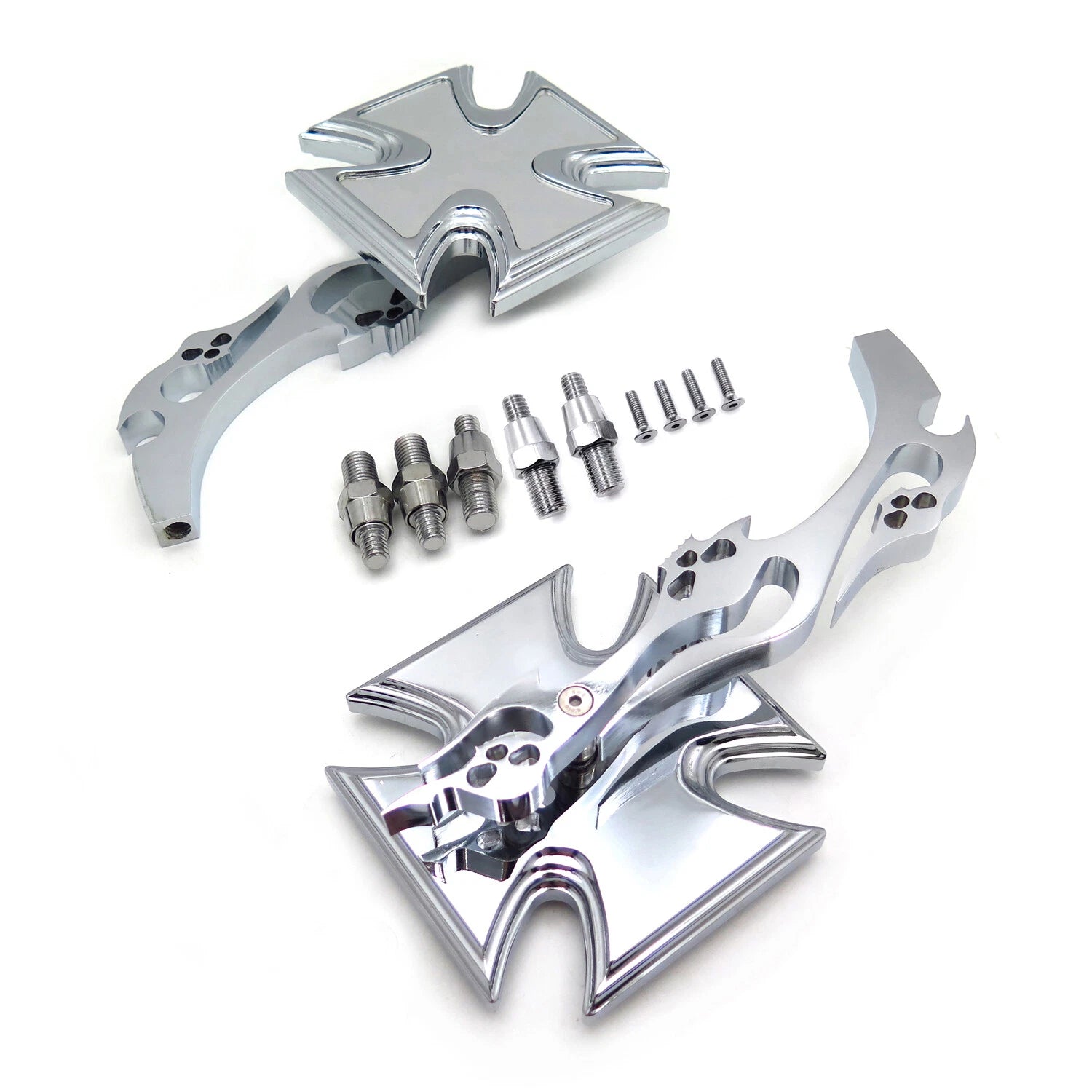 Maltese Cross Flame Chrome Billet Acrylic Mirrors Universal Fit