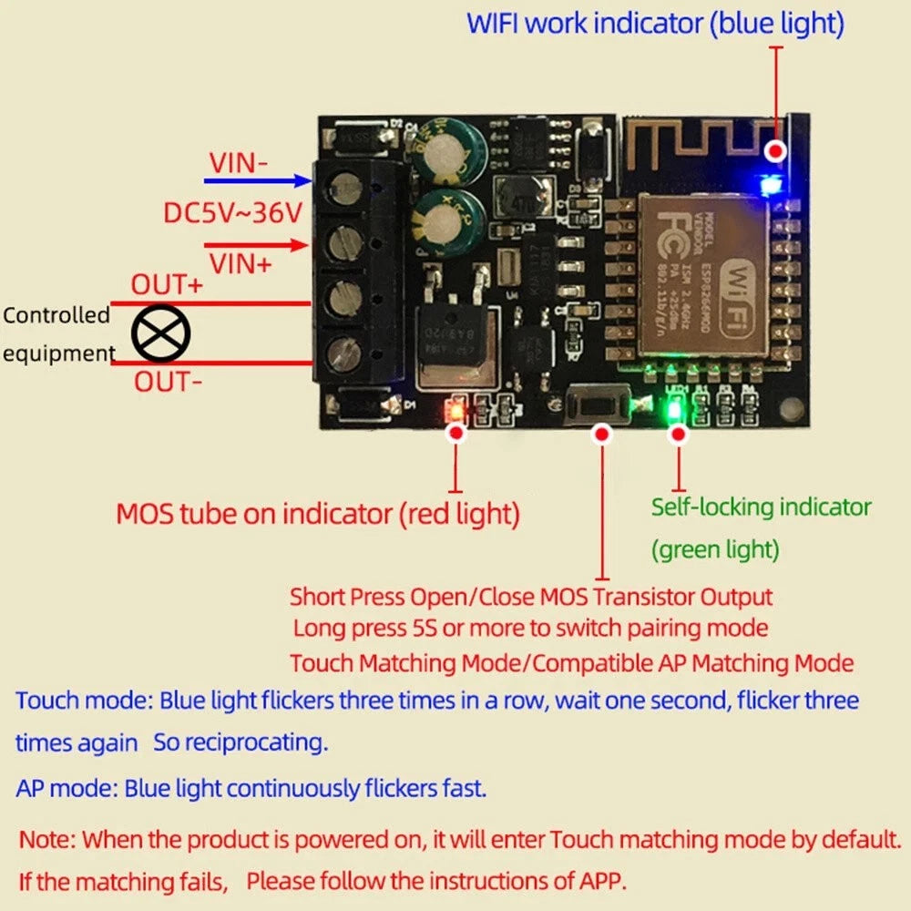 WiFi Relay Module 5V-36V 5A for LED Motor Fan Pump Control