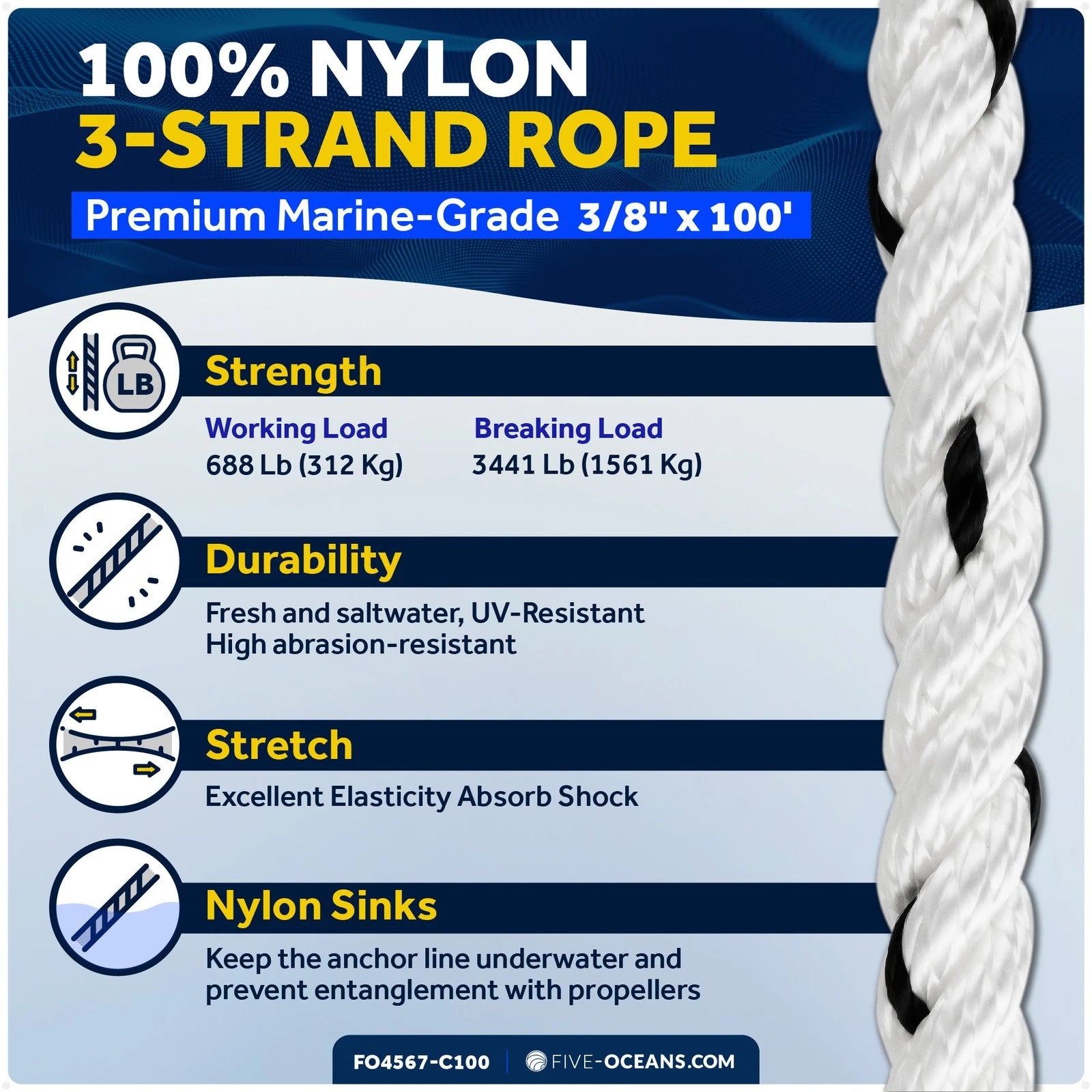 3/8 Inch Rope Line 100 ft with Thimble & Shackle for Marine Use
