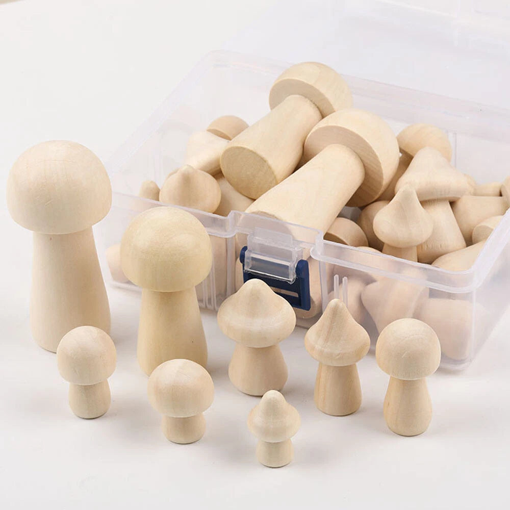 Set of 34 Unpainted Wooden Peg Dolls Mushroom Toy Figures 30-85mm