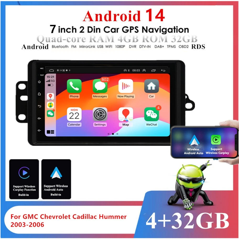 7'' Android 14 32GB Car Stereo Radio GPS Navi w/Carplay For GMC Chevy 2003-2006