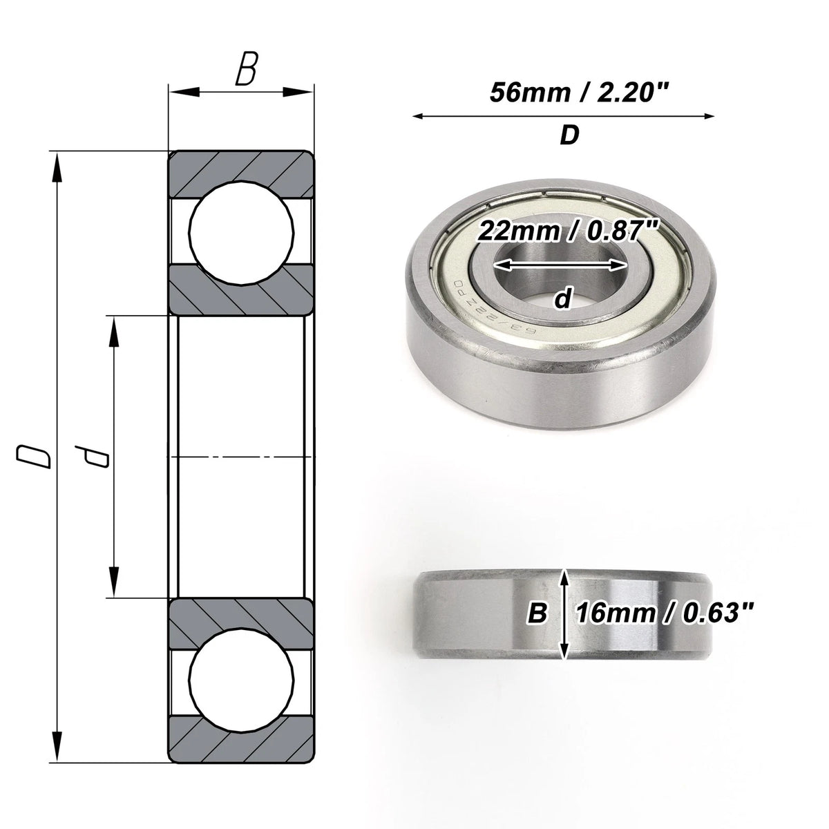 Deep Groove Ball Bearing 22x56x16mm for Scooter Skateboard (1 Pc)