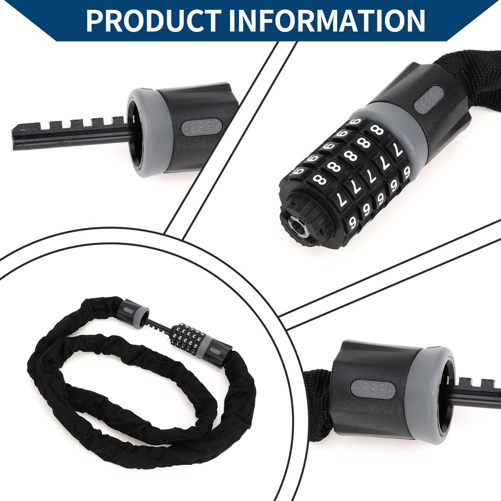 Resettable 5 Digit Bike Lock Security Chain Combination 150cm for Universal