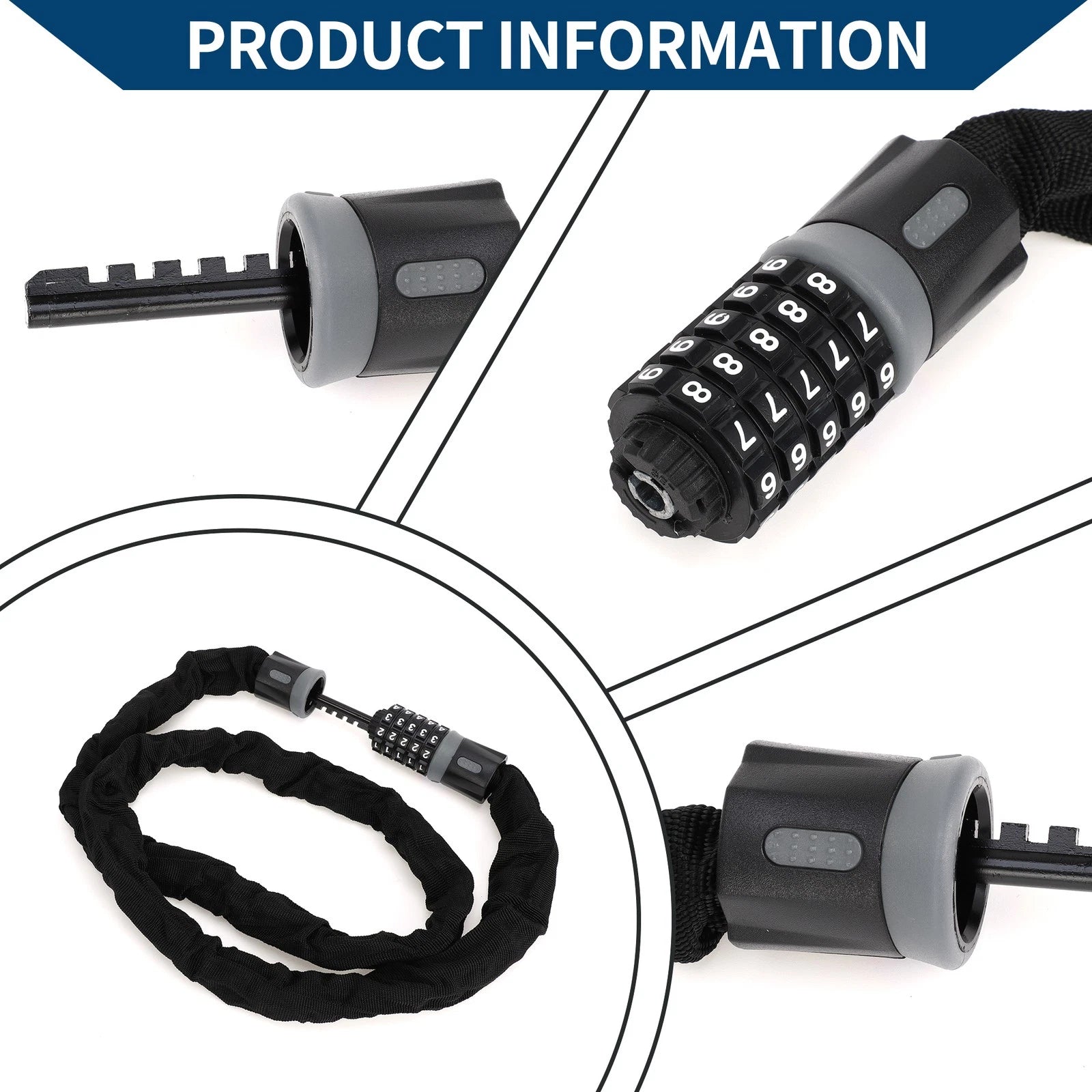 Resettable 5 Digit Bike Lock Security Chain Combination 150cm for Universal