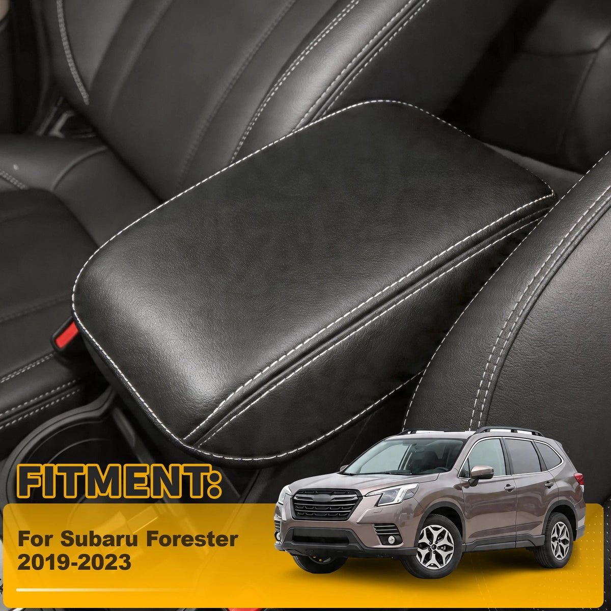 Black Leather Console Lid Armrest Cover for Subaru Forester (2019–2023)