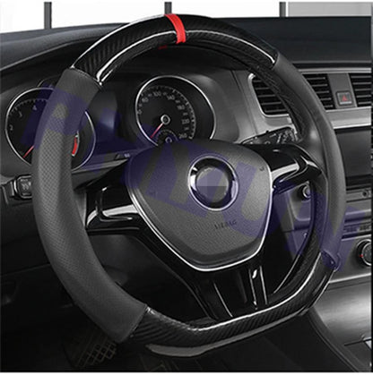 D Shape Steering Wheel Cover for Universal Fit (Black Leather, Carbon Fiber)