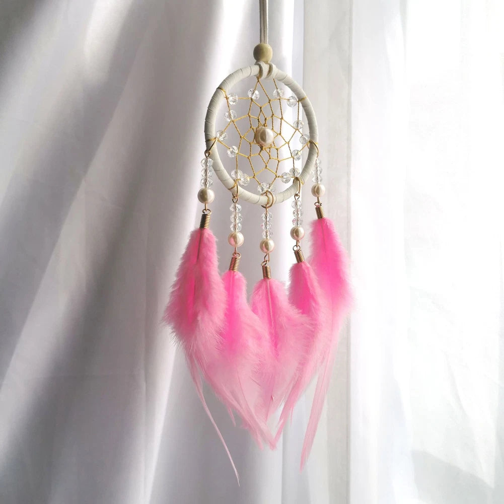 Dreamcatcher Pendant with Interwoven Beads and Natural Feather Details