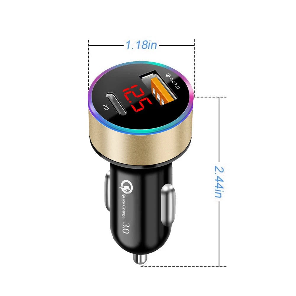 Fast Car Phone Charger LED Light QC3.0 USB PD Type-C Cigarette Lighter Socket