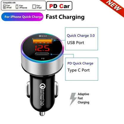 USB PD QC3.0 Fast Car Charger for DC12V-24V Vehicles (Type-C, Digital Display)