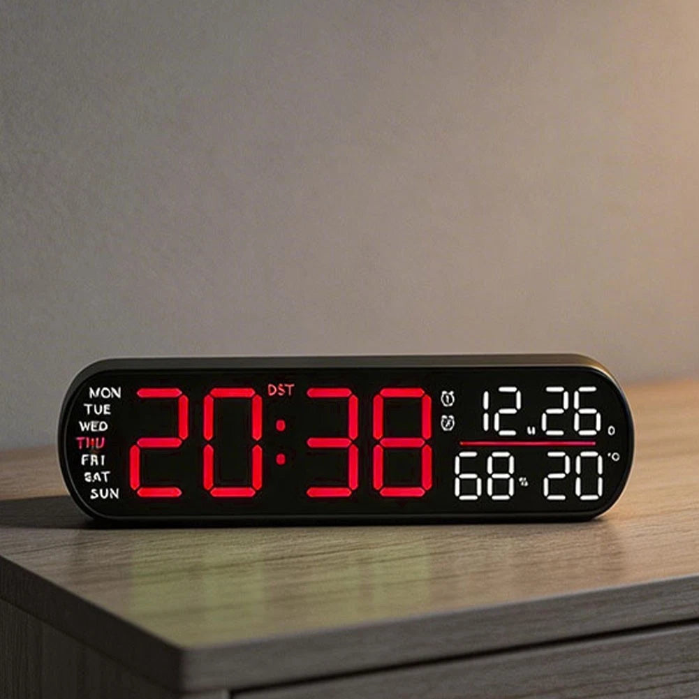 LED Desktop Alarm Clock with Wall Bracket, Temp Display, Brightness Control