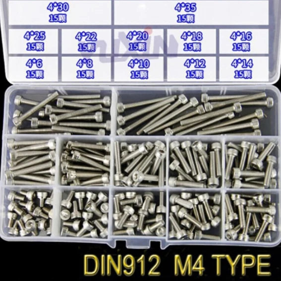 180pcs M4 Socket Allen Cap Head Hex Screws Bolts Stainless Steel