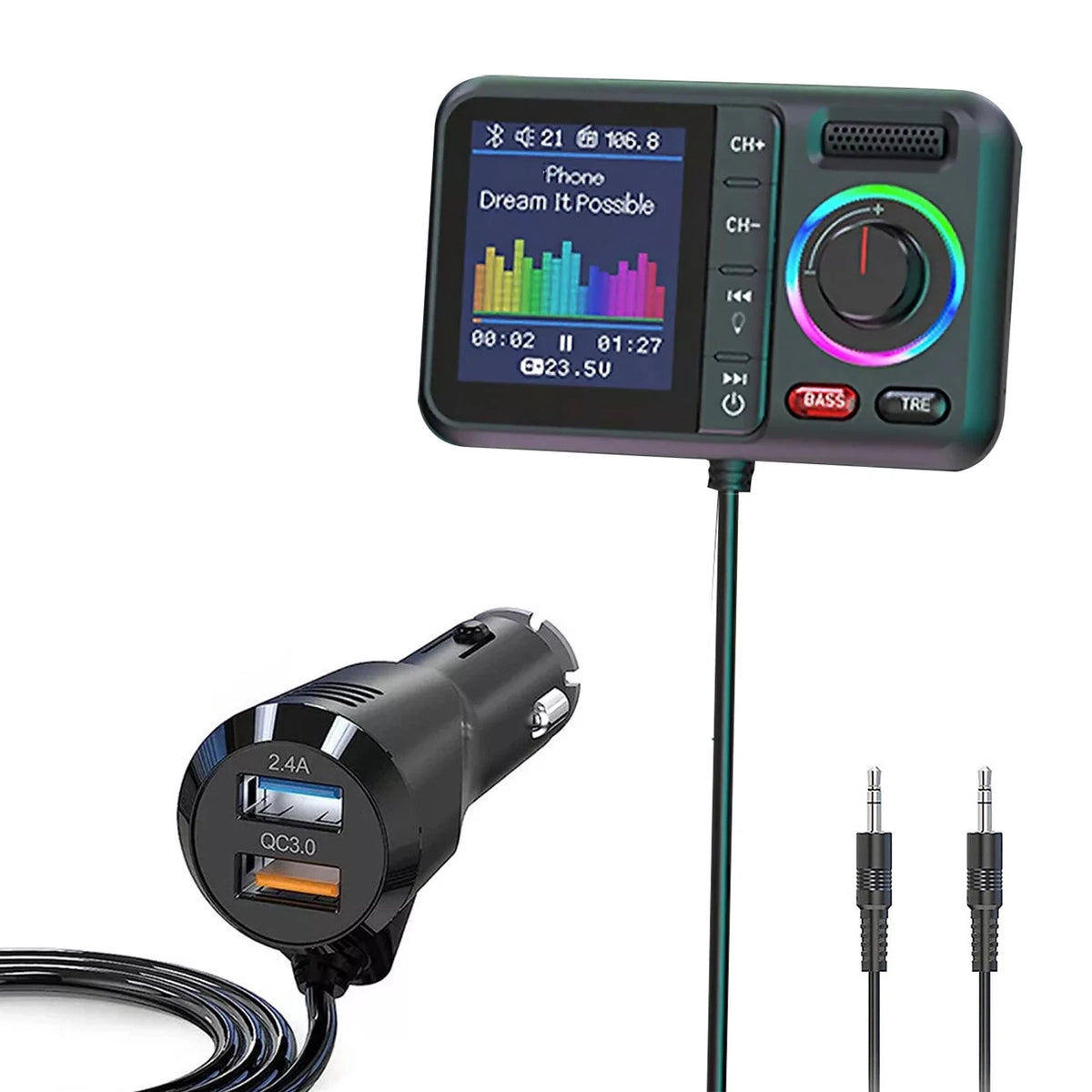 Bluetooth 5.0 Car Wireless FM Transmitter Adapter with 2 USB PD Charger