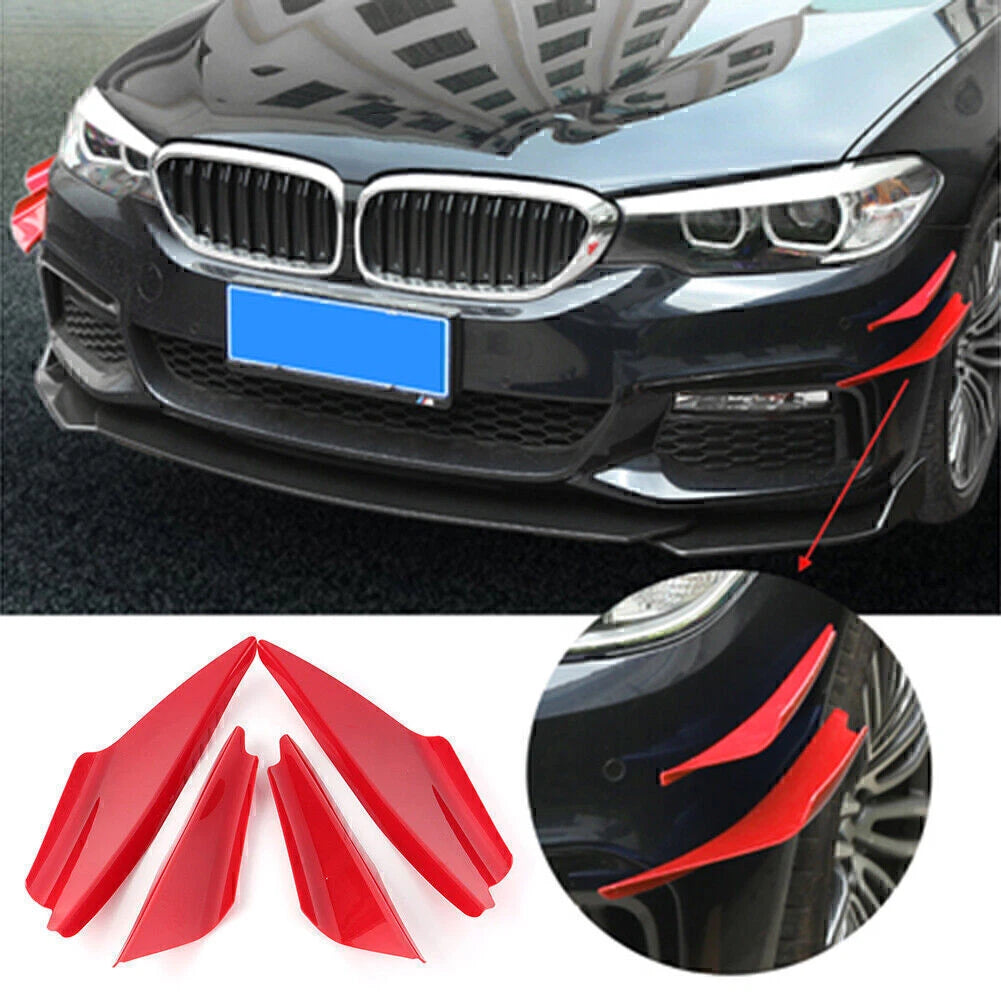 Set of 4 Front Bumper Lip Splitter Canards for Universal Fit (ABS Plastic, Red)