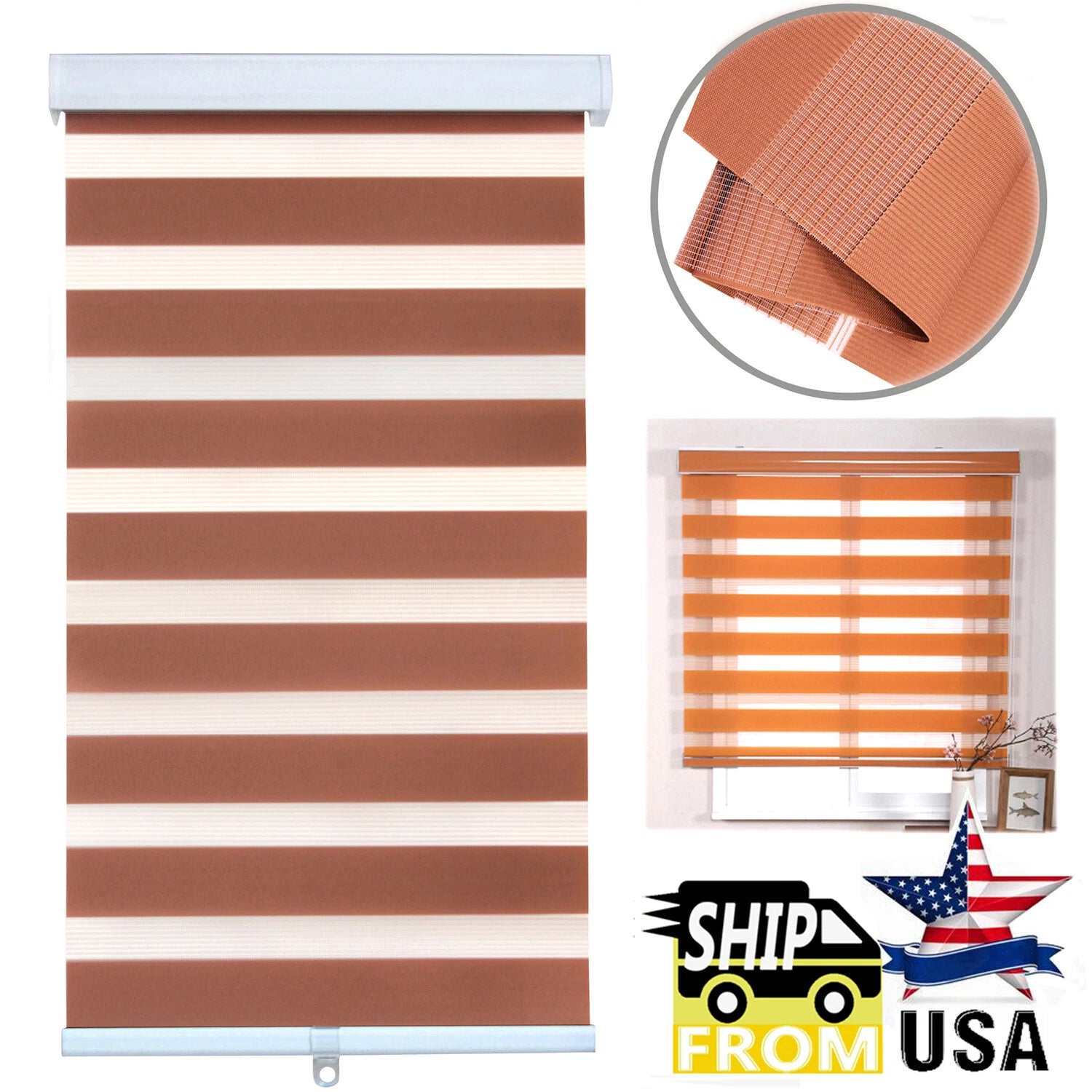 Zebra Roller Blinds for 64" Windows (Cordless, Dual Layer, Brown)