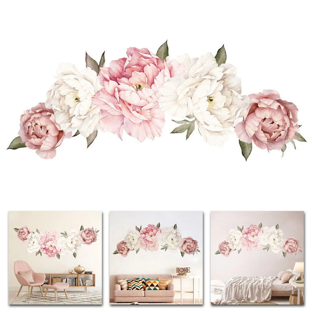 Peony Pink Rose Blossom Wall Stickers for Home Bedroom Decor