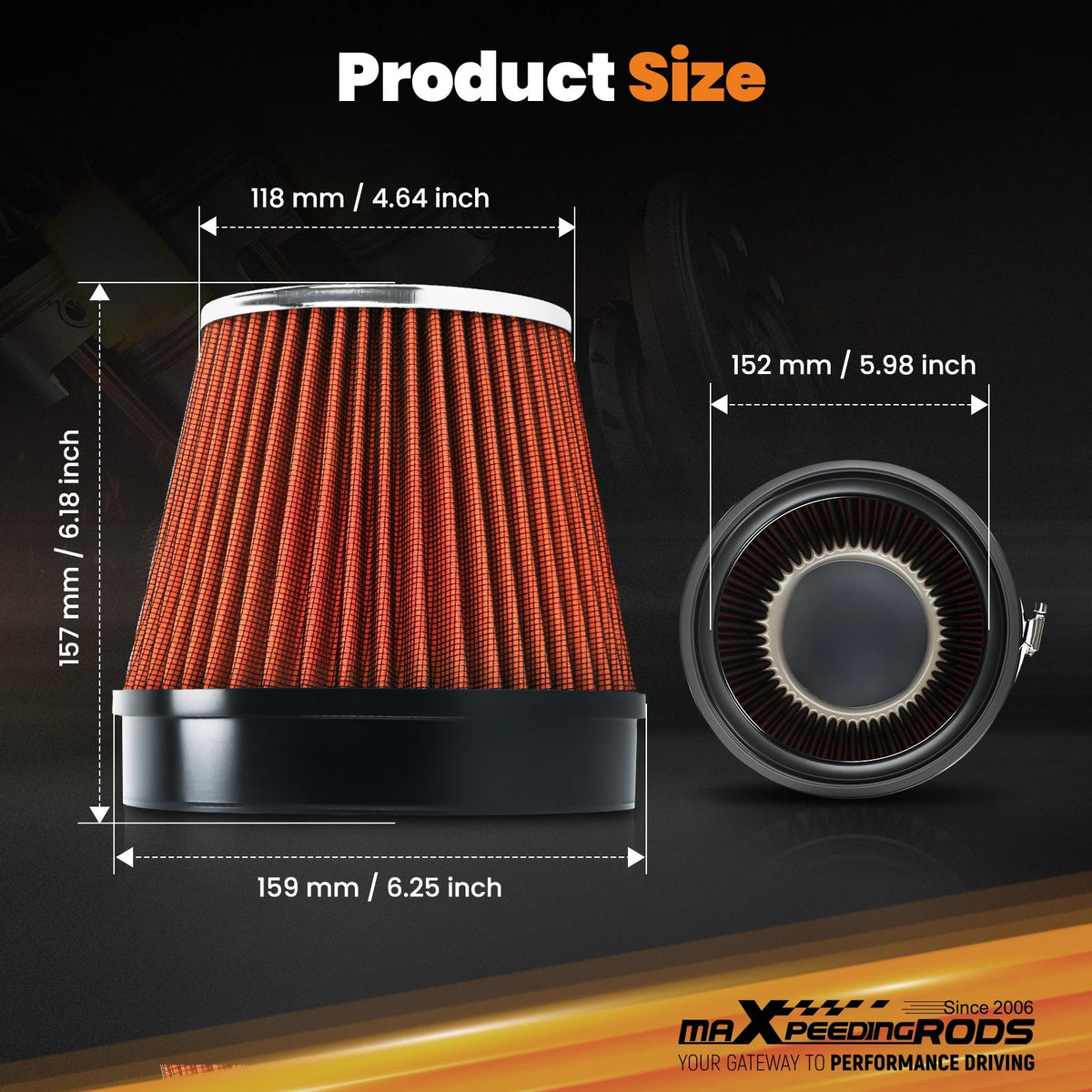 6 Inch Universal Cone Filter High Flow Intake 158mm Clamp-On Washable