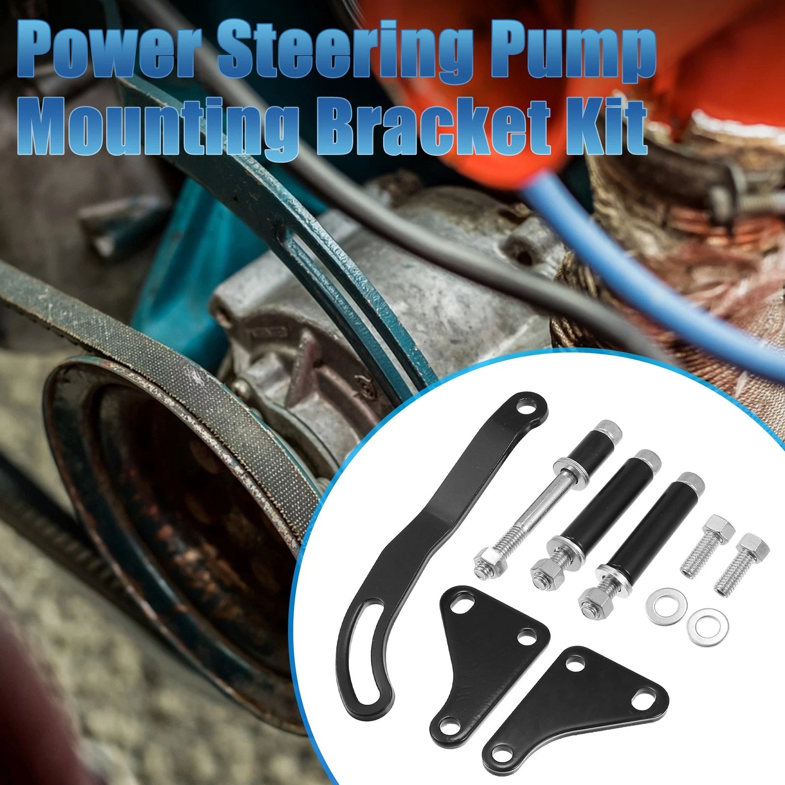 Power Steering Pump Bracket Adjustable Kit for Chevy 262 265 283 302 (Black) (1960–1970)