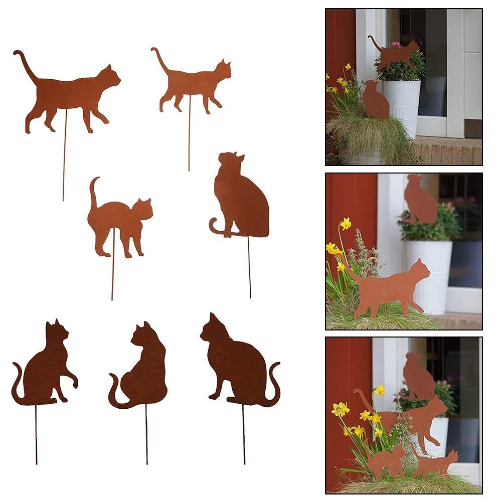 Set of 3 Rusty Cat Garden Stakes for Decoration